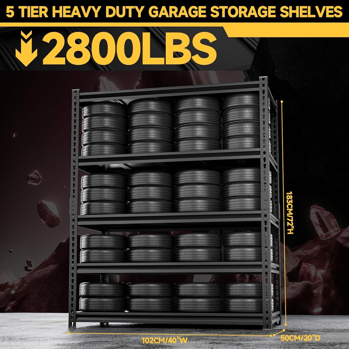 5-Tier 40" W X 20" D X 72" H Storage Shelves 2800LBS Metal Garage Shelving Adjustable Heavy Duty Shelving Basement Industrial Garage Shelf Rack(Black)