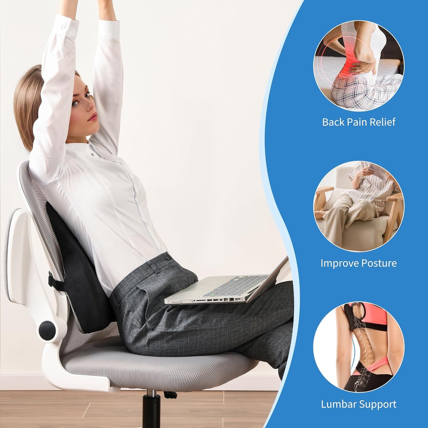 Lumbar Support Pillow for Office Chair and Car Seat - Memory Foam Back Cushion Improve Sitting Posture & Back Pain Relief, Lumbar Support Cushion with Adjustable Strap & Non-Slip