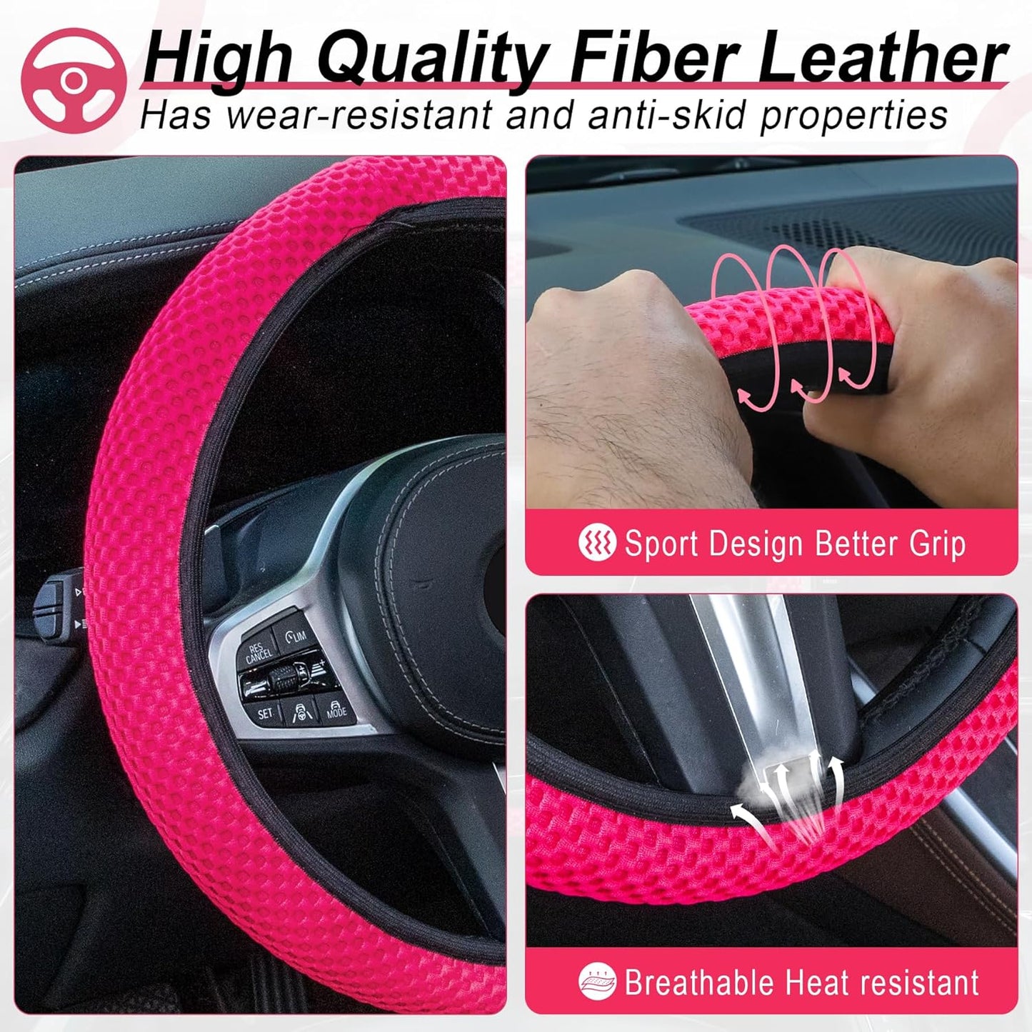alpmosn Elastic Stretch Steering Wheel Cover, Universal Interior Accessories Steering Wheel Cover for Women & Men, Breathable Microfiber Ice Silk, Anti-Slip, Odorless, Easy Carry(Rose Red)