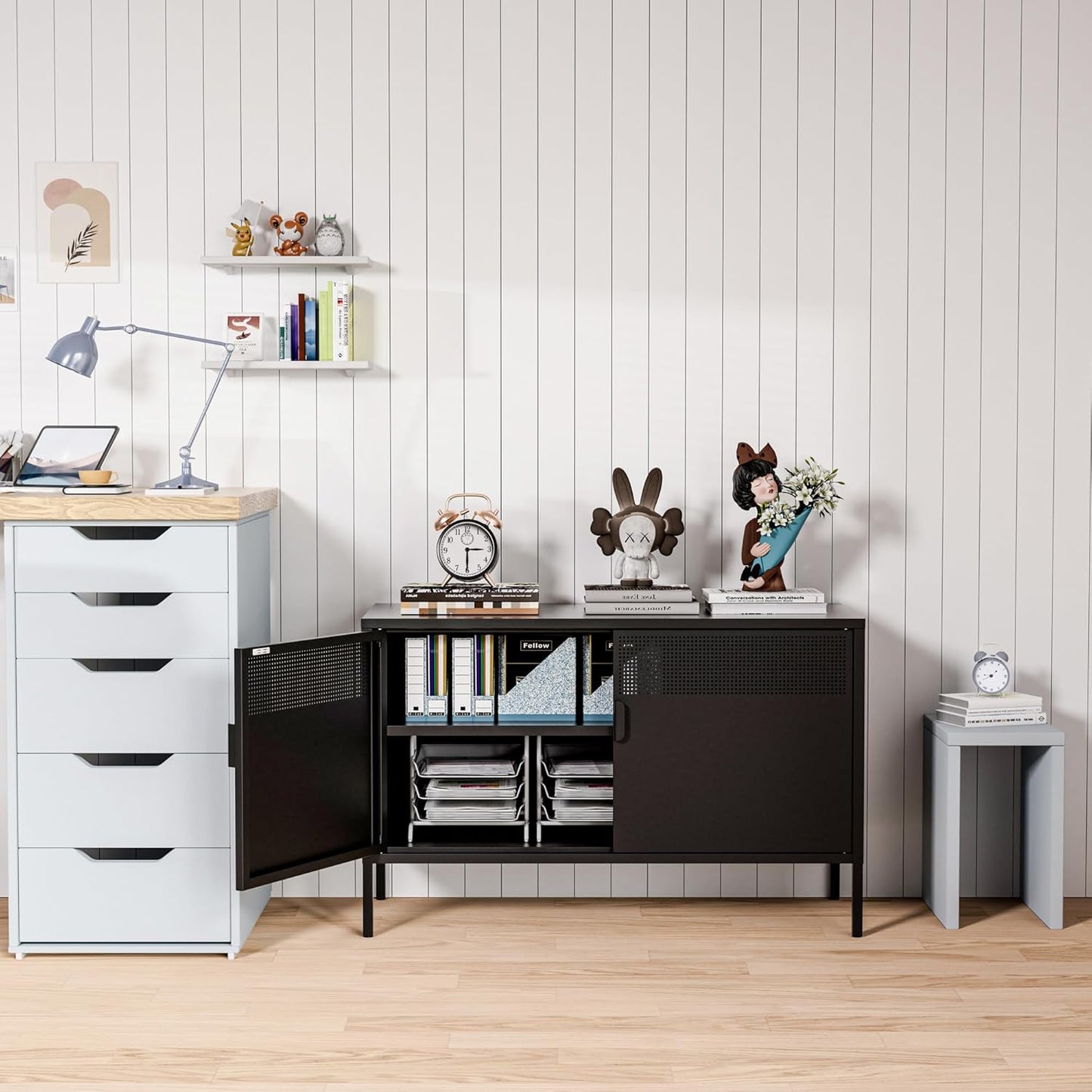 2 Door Storage Sideboard, Metal Storage Cabinet with 2 Adjustable Shelf,Multipurpose Metal Accent Cabinet for Office Home,Music Studio (Black, 25''H)