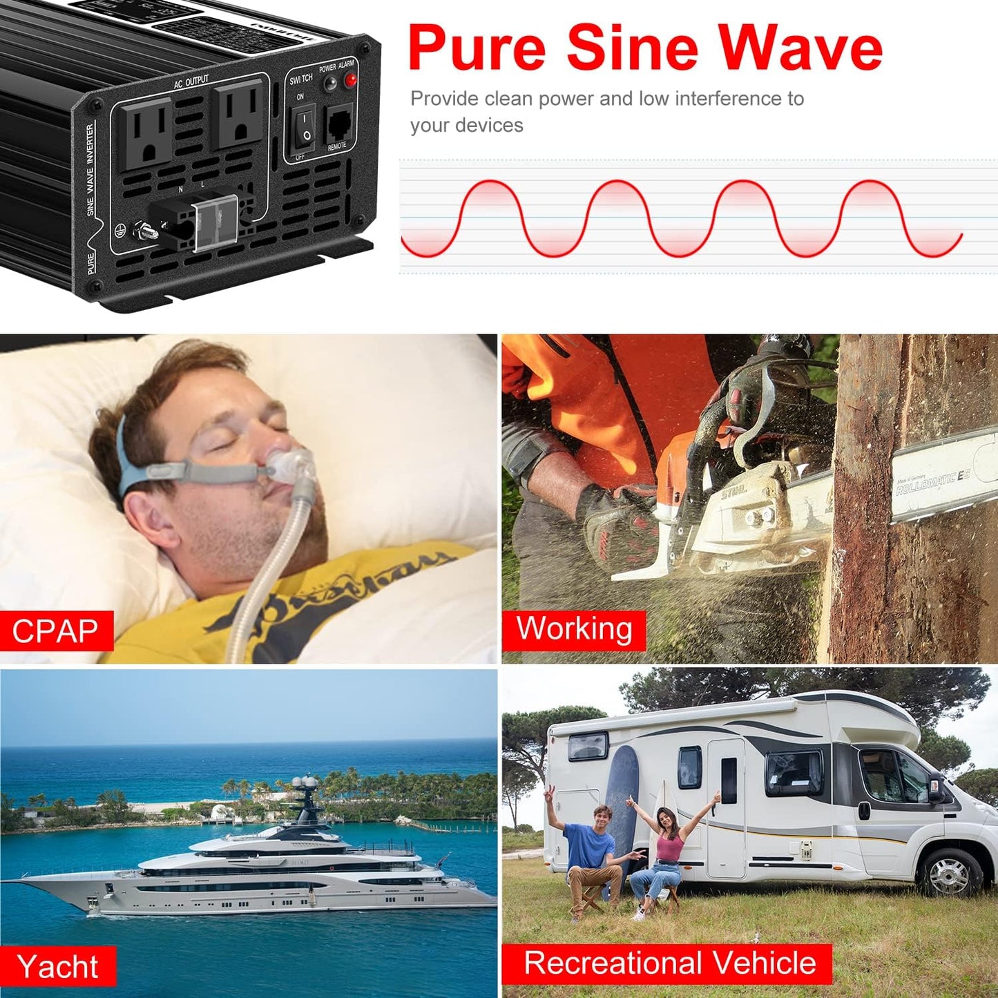 Xijia 1500W (Peak Power 3000W) Pure Sine Wave Inverter DC 60v to 120v Inverter 60HZ Solar Converter for Home Use car (DC60V (Range 50V-75V) 1500W)