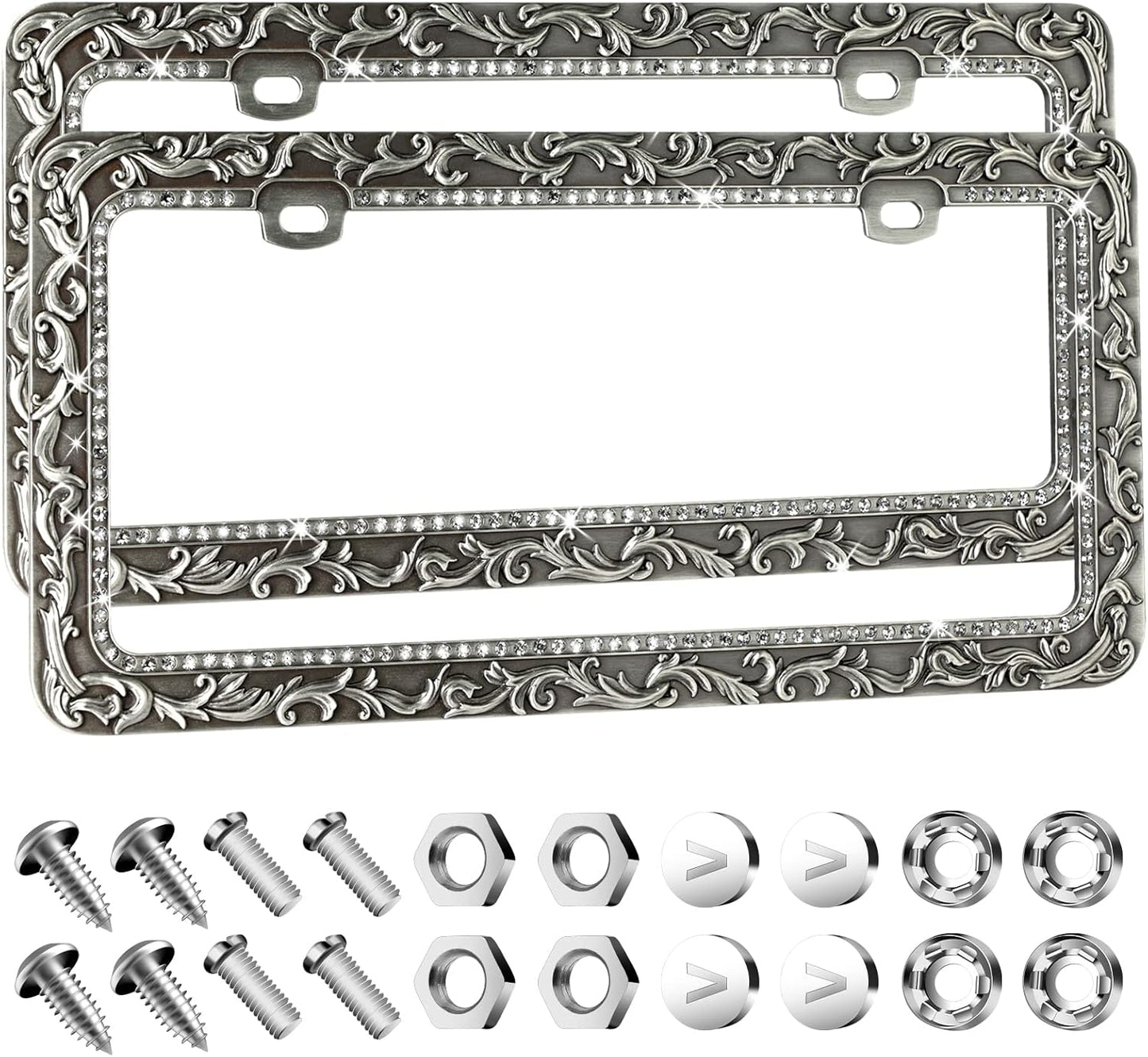 Valor Gel Metal Car License Plate Frames,Antique Old Pattern Printing, Bling Crystal Rhinestones Inlaid,Universal 2 Holes Automotive Replacement Parts Plate Holder(1 Pack)