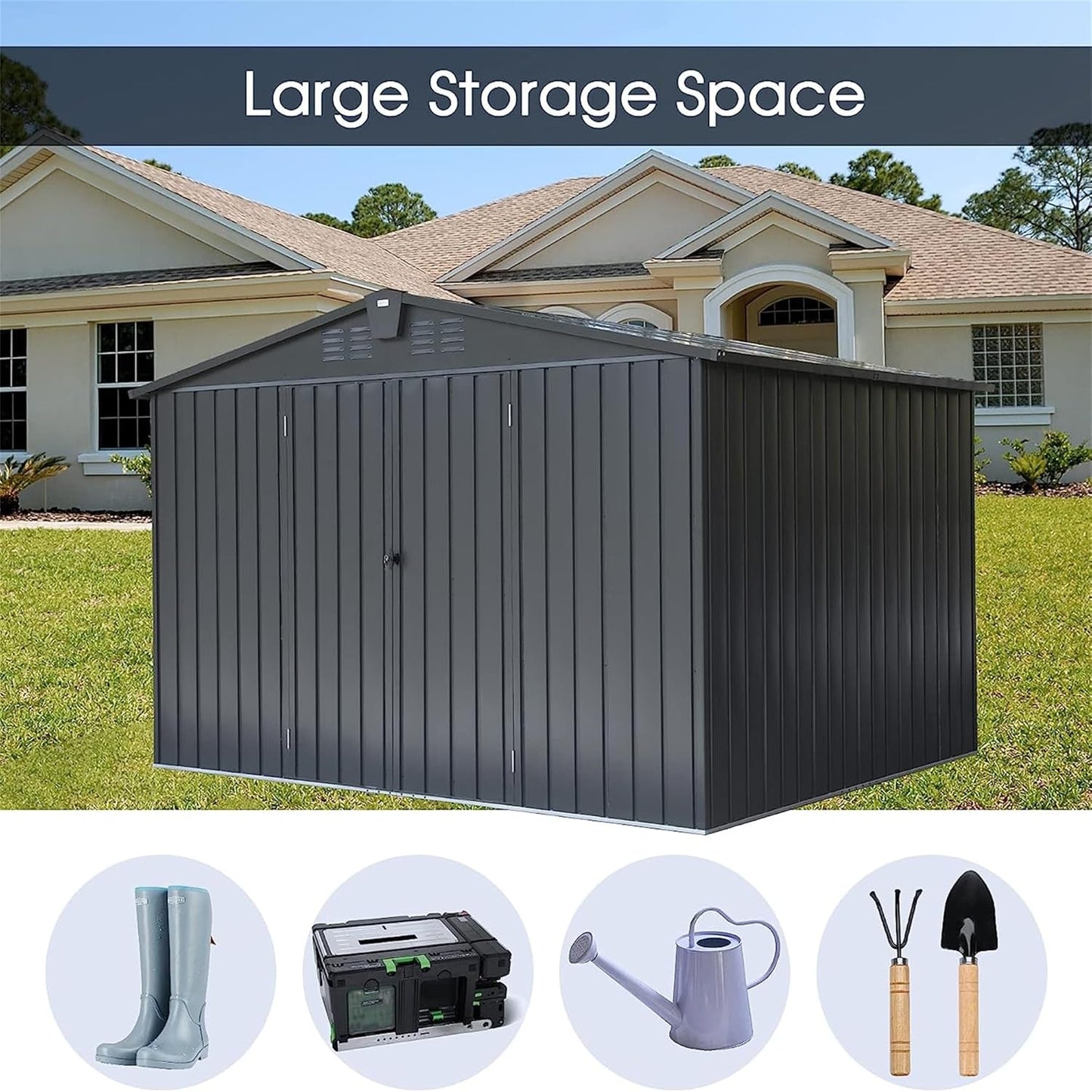 IKERY Galvanized Steel Storage Shed 10' x 8' with Lockable Door - Extra Large Metal Garden Shed for Bikes, Tools, Trash Cans - Backyard & Patio - Dark Gray