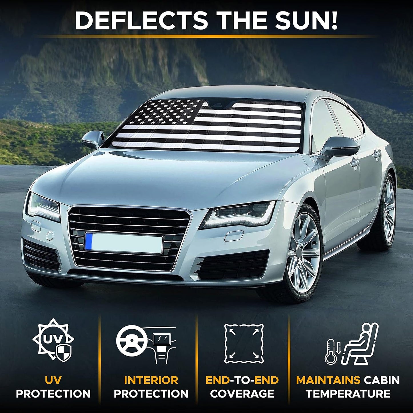 EcoNour Accordion Car Windshield Sun Shade American Flag Design | Reflective Car Window Shades for UV Protection & Heat Block | Foldable Sun Shield for Front Window | 58 x 27.5 Inches