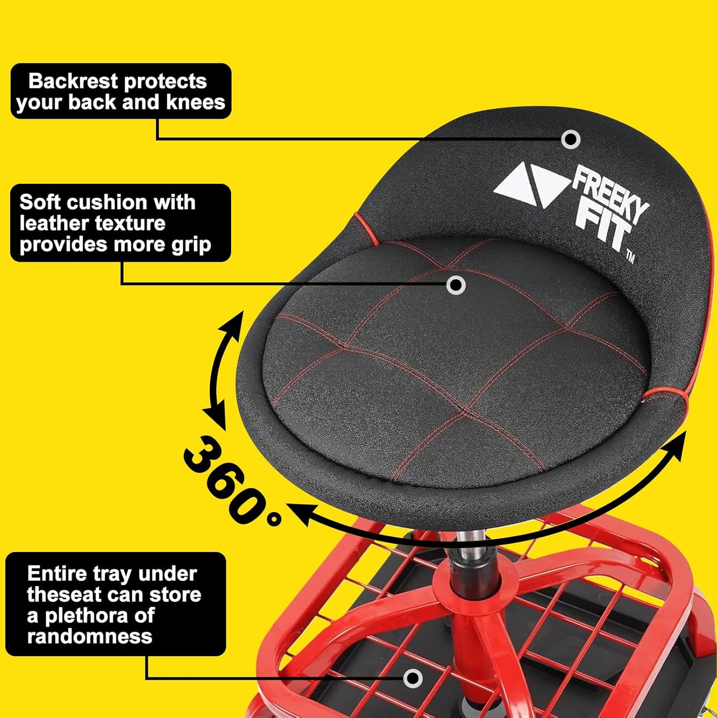 Rolling Stool with Red Wheels, Heavy Duty Garage Work Mechanic Rolling Shop Stool with Backrest, Adjustable Height 360°Swivel Roller Mechanic Chair with 2 Tool Trays, 330 LBS Capacity