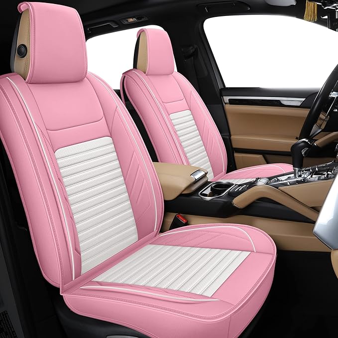 AOOG Pink Leather Car Seat Covers, Leatherette Automotive Seat Cover for Cars SUV Pick-up Truck, Universal Non-Slip Car Seat Cover Waterproof Protectors Interior Accessories, Full Set Pink