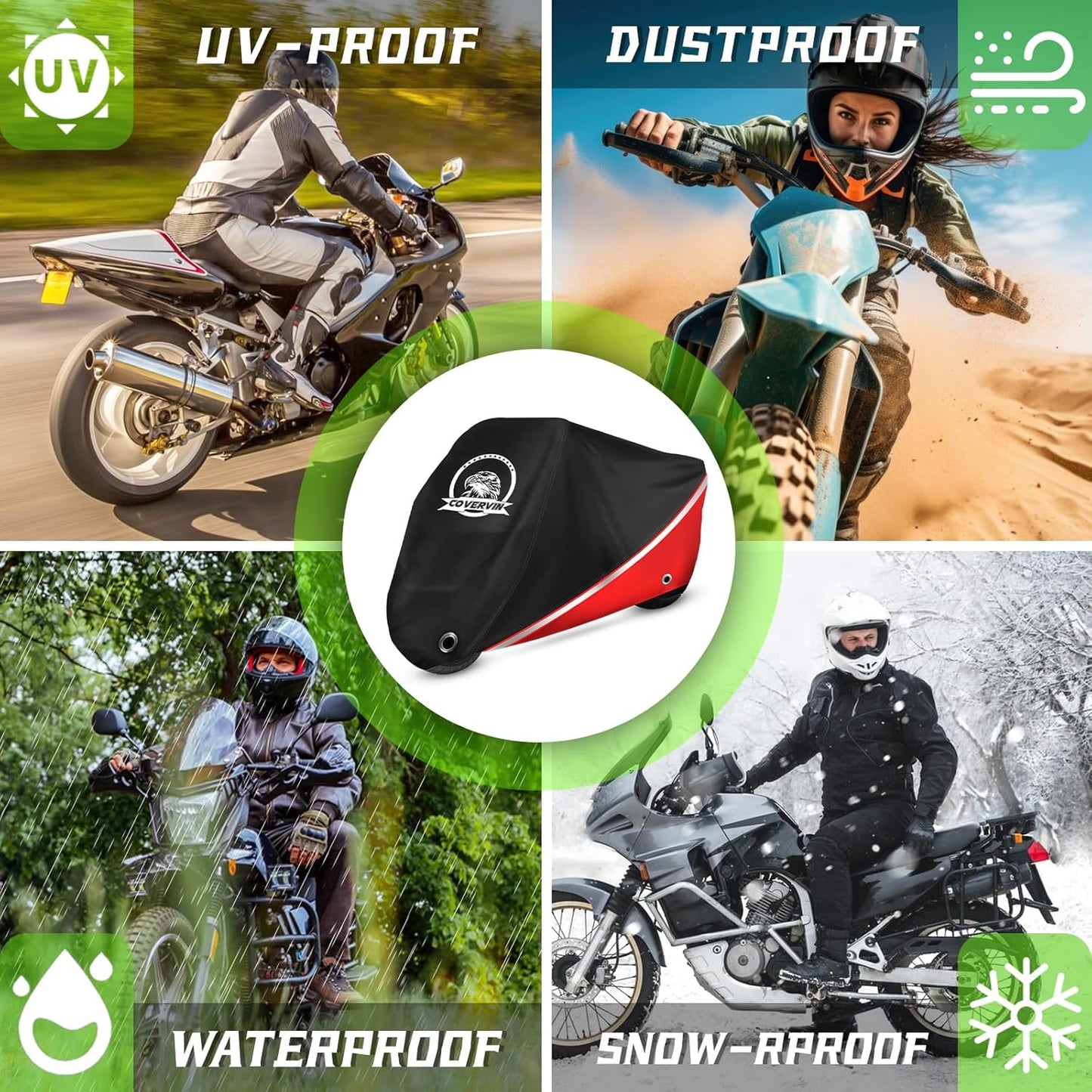 COVERVIN Motorcycle Cover, All Weather Outdoor Waterproof Night Protection with Reflective Strips, Locking Holes and Storage Bag for 104 Inch Suzuki, Kawasaki, Honda, Harley-Davidson(Red XXL)