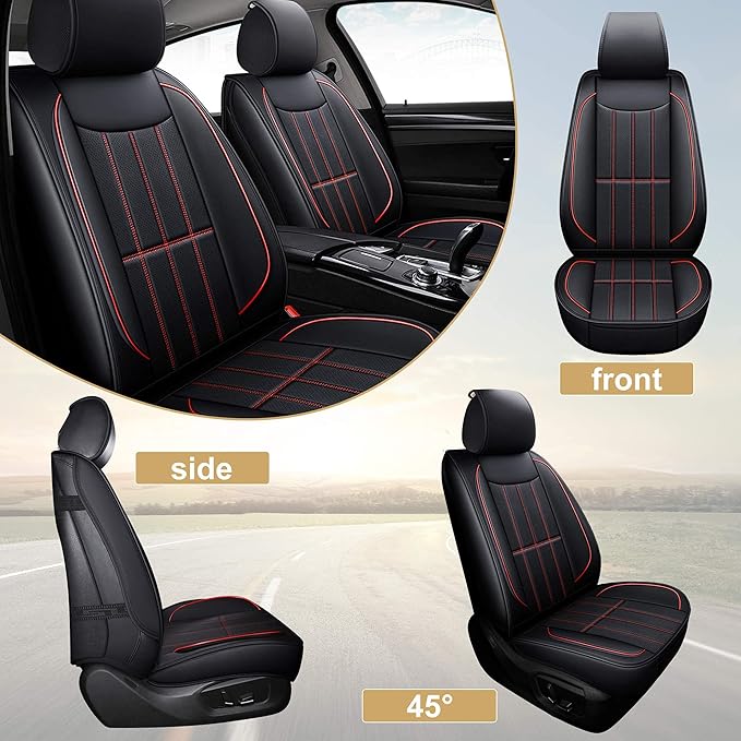 AOOG Leather Car Seat Covers for Cars SUV Pick-up Truck, Universal Front Pair Black&Red