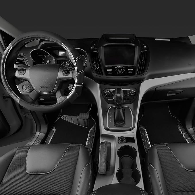 CAR PASS Leather Steering Wheel Cover and Waterproof Car Floor Mats,Microfiber Universal Car Combo Fit for 95% Sedan,SUV,Cars,14.5-15inch Sporty Anti-Slip Safety Comfortable Design(Carbon Fiber Black)