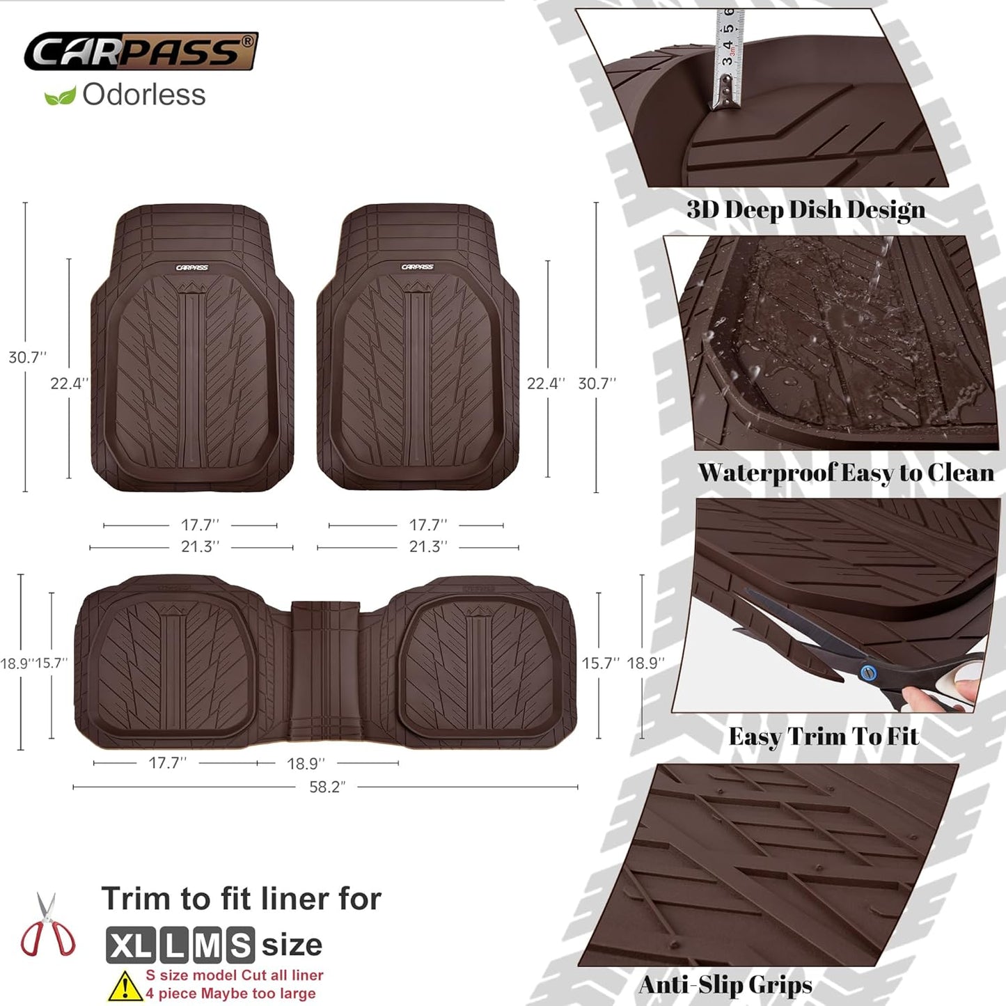 CAR PASS DeepDish Floor Mats for Cars Full Set,Heavy Duty Rubber Car Mats 3-Piece,Universal Waterproof Trim-to Fit Automotive Floor Mats for Truck Van SUV, Durable All-Weather Car Mats(Solid Browm)