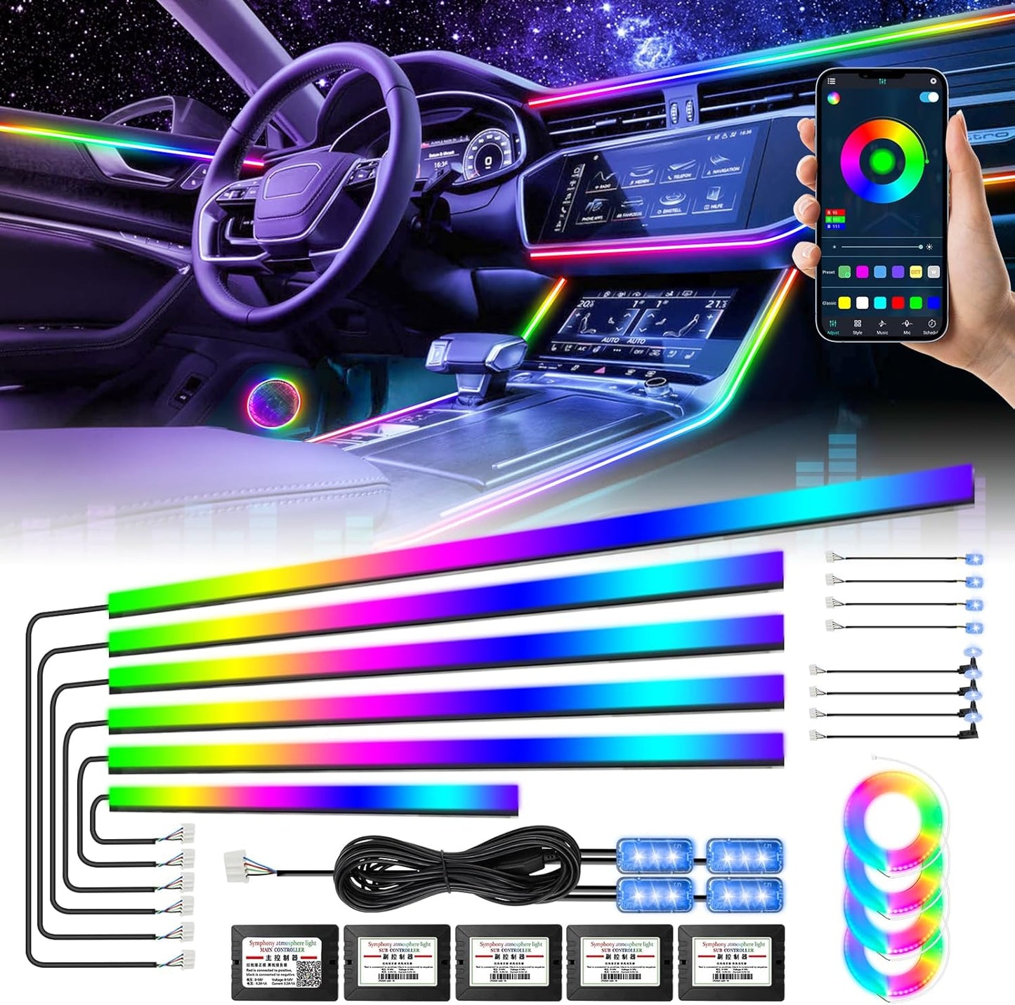 Acrylic Interior Car Light, AMKI Car LED Strip Light with APP Sub Control, Car Accessories Fiber Optic Car Ambient Light Kit with RGB Dreamcolor 22 in 1 and 175 inches 593 LEDs 213 DIY and Music Modes