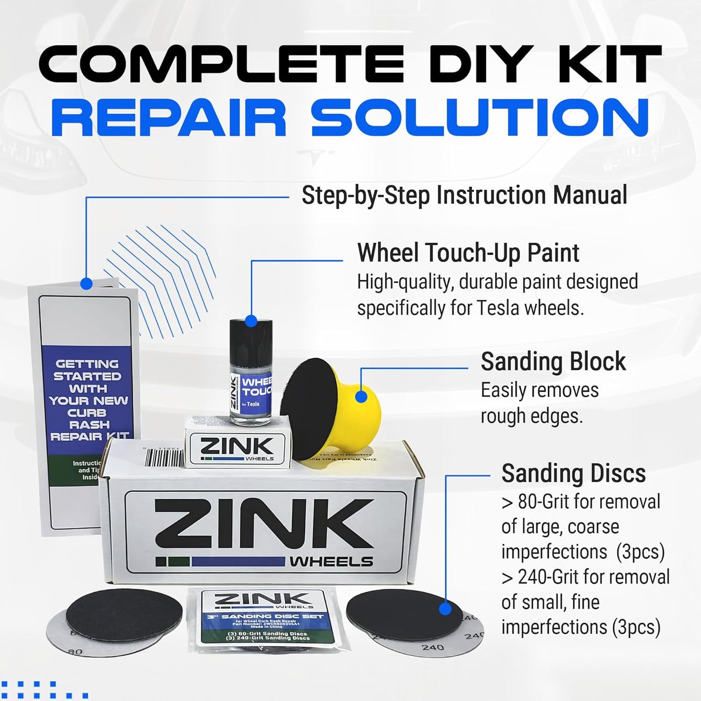 Premium Tesla Wheel Curb Rash Repair Kit for Model Y 20-inch Silver Helix 2.0 Rims - DIY Kit with Color-matched Touch Up Paint - Made in USA