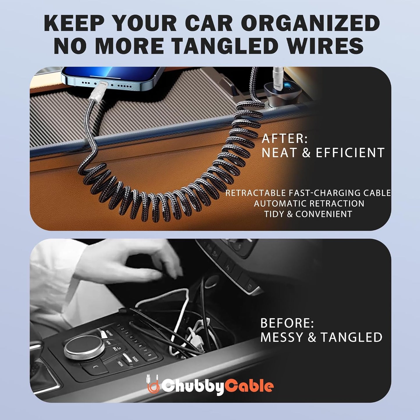 chubbycable Curly Chubby - Retractable Fast Charging Cable 240W Coiled Charger Cord for Car Durable USB-C Cable for Phones, Tablets and More, Green, USB-A to Type-C, 1.3FT-2.3FT