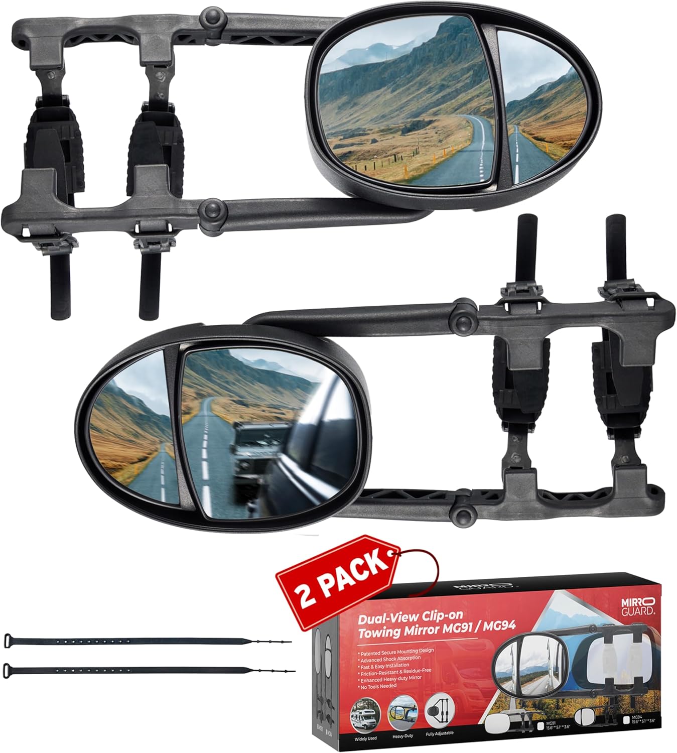 Extended Towing Mirrors, Universal Clip-On Side Mirror Extensions for Pickups, RVs, and Trailers, Tow Mirrors with Extenders (Model MG94)