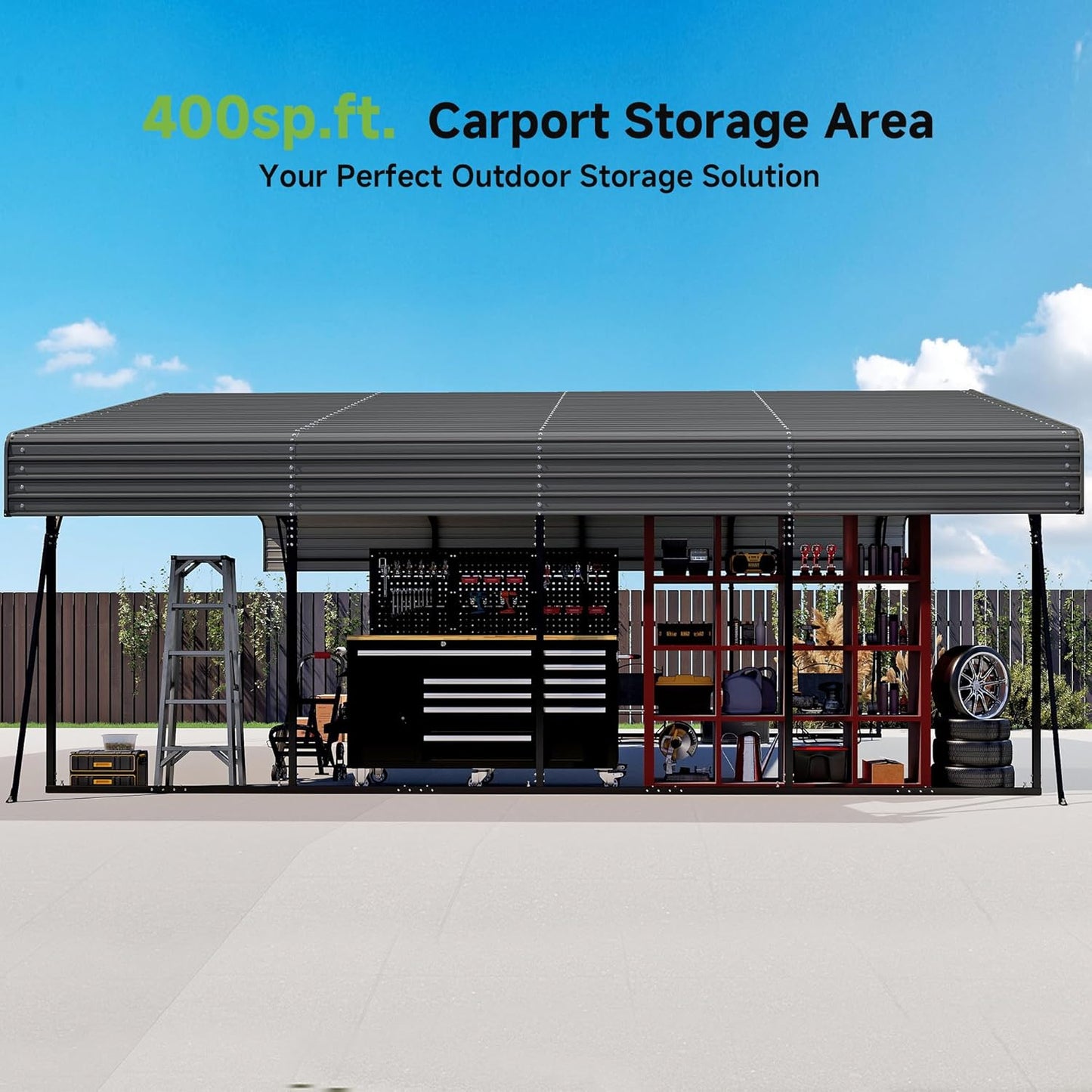 Real Relax 20x20ft Heavy Duty Metal Carport, Galvanized Steel Roof with Removable Sidewalls, 4 Support Legs, Outdoor Car Port Shelter for 2 Car Carport, Trucks and Boats