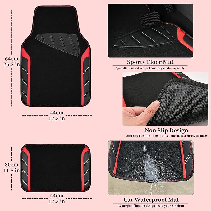 CAR PASS Leather Steering Wheel Cover and Waterproof Car Floor Mats,Microfiber Universal Car Combo Fit for 95% Sedan,SUV,Cars,14.5-15inch Sporty Anti-Slip Safety Comfortable Design(Black＆Red)