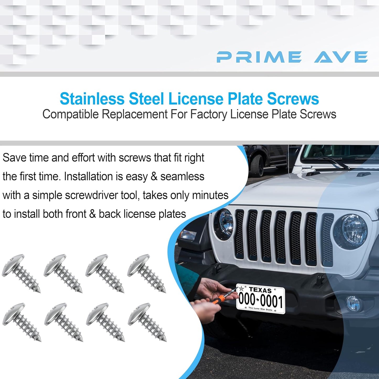 Stainless Steel License Plate Screws for License Plates, Frames, Covers - Rust Proof Licence Plate Screw Set for Front/Rear - Compatible with Chrysler Dodge Jeep & Ram (Pack of 8)