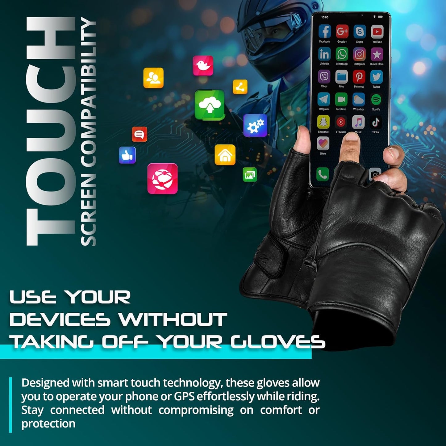 aasportx Motorcycle Gloves - Men's Leather Motorbike Gloves with Touchscreen Function - Non-Slip Pads for Men & Women