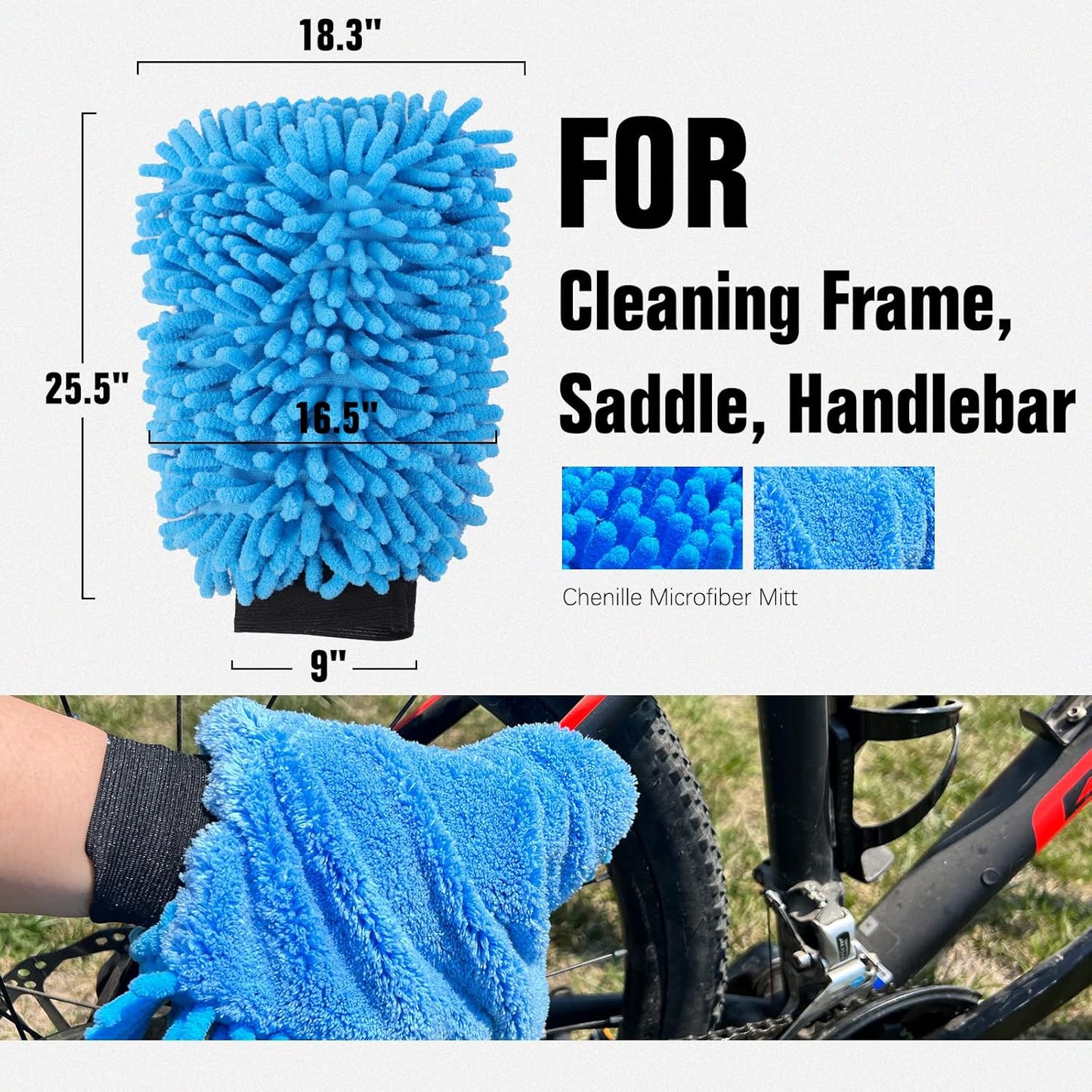 BWSHLF Bike Cleaning Kit (6 Pcs) with 1 Storage Bag, 5 Brushes for Tires, Chain, Sprockets, Cranks, Hubs, and Spokes, 1 Cleaning Mitt for Frame, Saddle, Clean Tools for MTB/Road/BMX/E-Bike/Gravel Bike