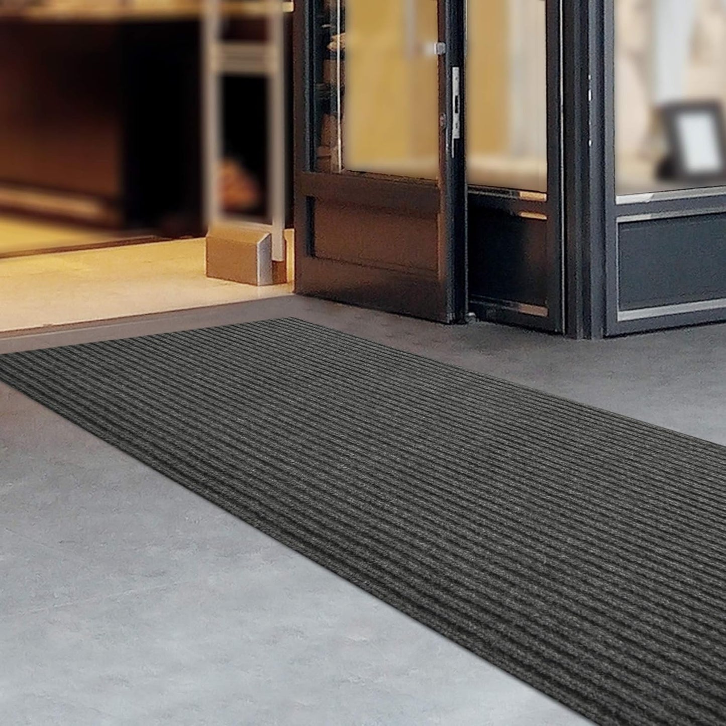 iCustomRug Spartan Weather Warrior Indoor/Outdoor Utility Ribbed Carpet Runner with Non-Slip Thermoplastic Rubber Backing, 3ft X 42ft in Charcoal