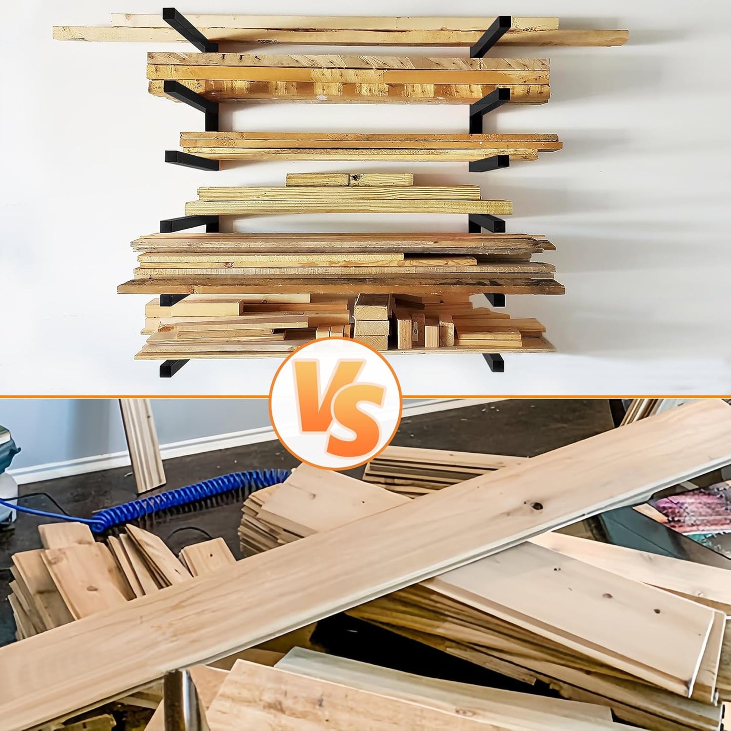 Wood Storage Racks with 3 Level, Garage Organizer Lumber Storage Rack Wall Mounted, Workshop Organizers Wood Wall Shelving, Lumber Metal Racks for Garage, Basement, Indoor and Outdoor (Black, 6 Pack)