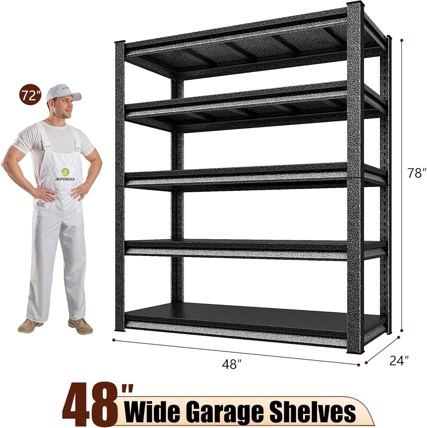 48" W Garage Shelving Heavy Duty，3000LBS Loads Adjustable Garage Storage Shelves,5-Tier Metal Storage Racks and Shelving Units, Utility Rack Shelves,48”W x 24”D x 78”H,Silver
