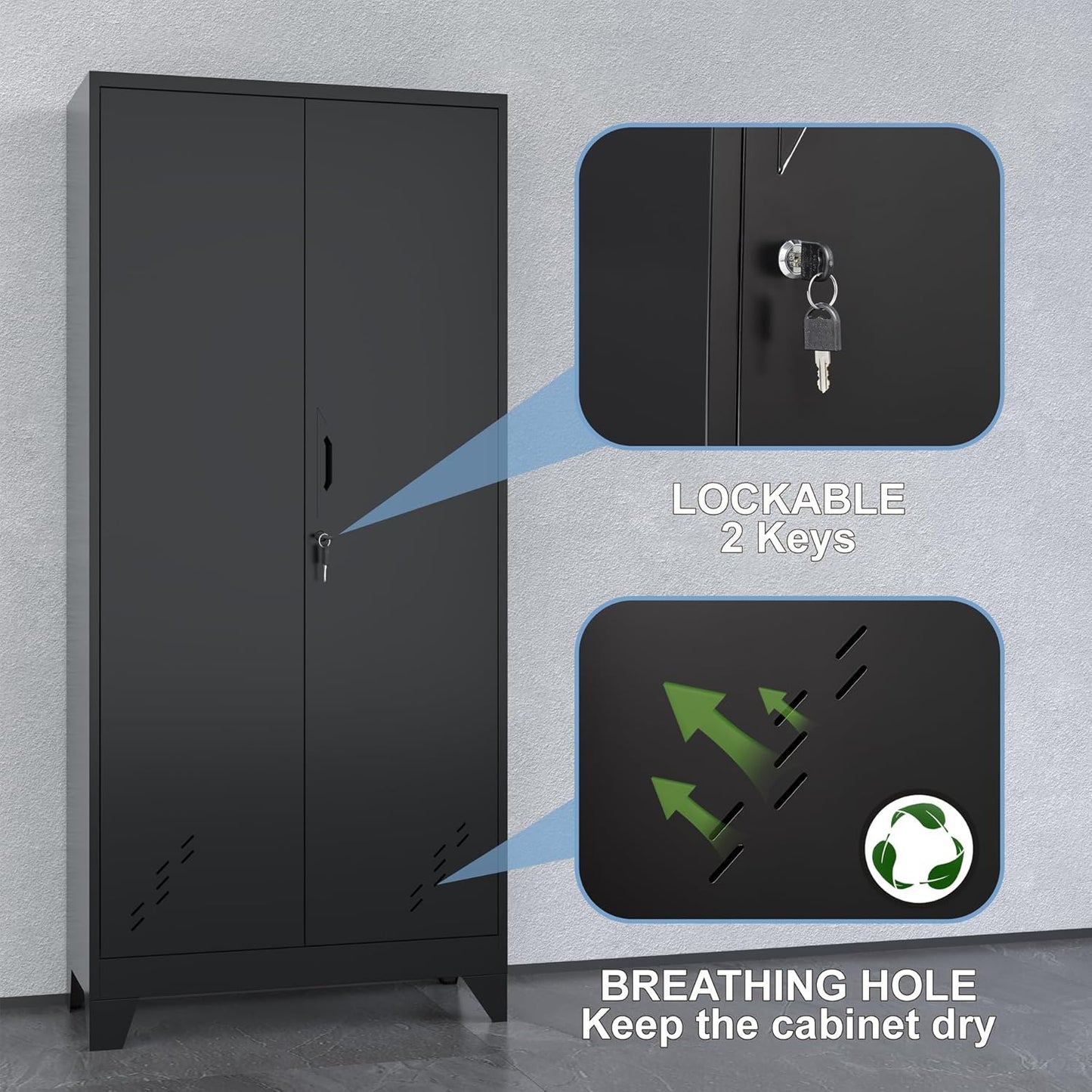 Metal Storage Cabinet,61" Tall Storage Cabinet,Utility Cabinet for Brooms and Mops,Laundry Room Cabinets,Tool Lockable Organization,Black