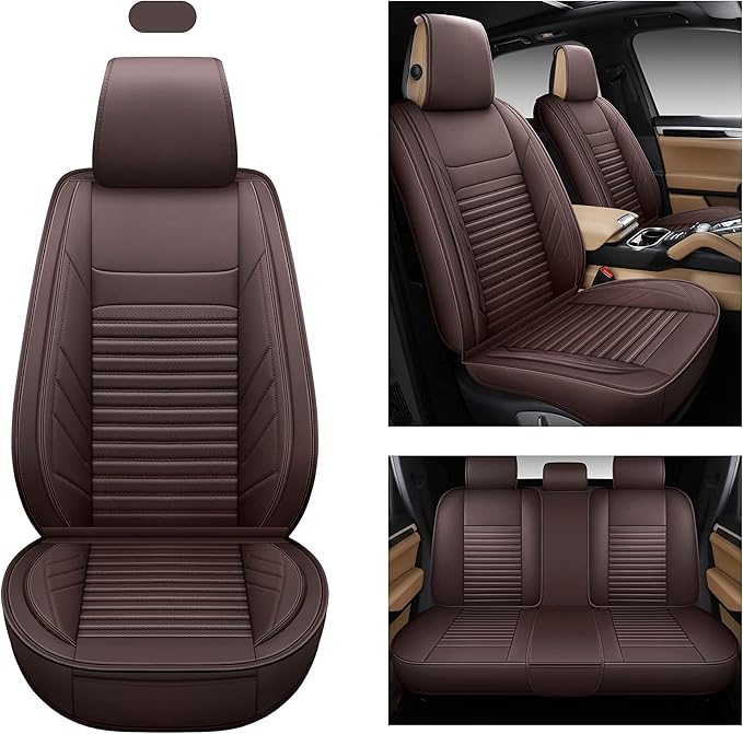 AOOG Leather Car Seat Covers, Leatherette Automotive Seat Covers for Cars SUV Pick-up Truck, Non-Slip Vehicle Car Seat Covers Universal Fit Set for Auto Interior Accessories, Full Set, Brown
