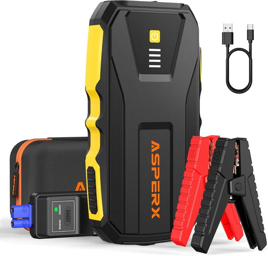 ASPERX 3000A Jump Starter for Car Battery, 12V Portable Jump Box with LED Light & Smart Jumper Cables, BMS for Up to 10.0L Gas or 8.0L Diesel Engines-Yellow