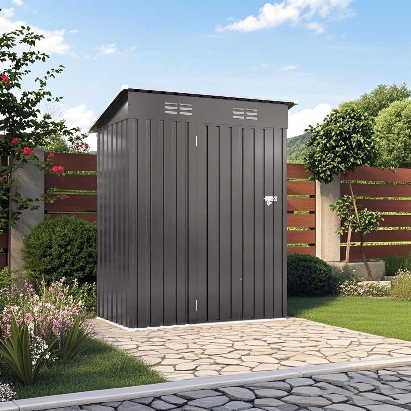 5X3 FT Metal Outdoor Storage Shed, Waterproof Tool House with Pitched Roof and Lockable Door, Weather-Resistant Garden Sheds for Backyard, Patio, Sundries and Bike Storage, Gray