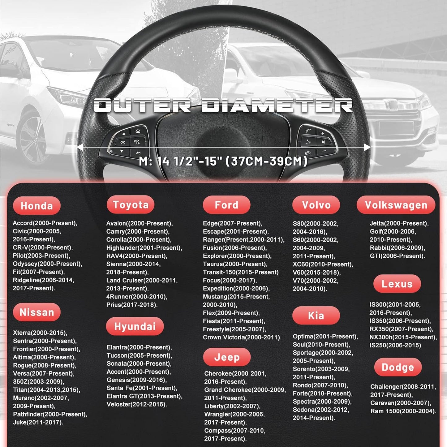 SEG Direct Car Steering Wheel Cover Universal Standard Size 14.5-15 inch, Black and Red Microfiber Leather