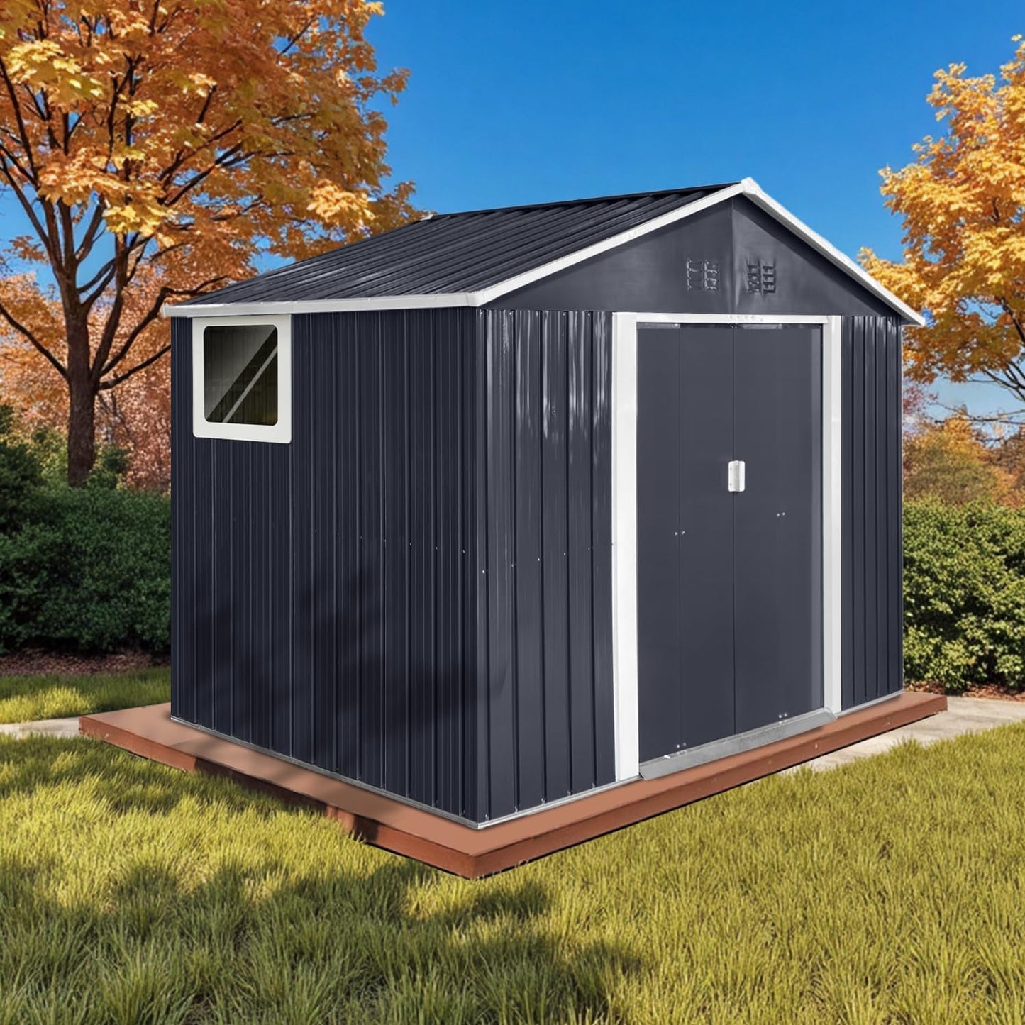 9.1' x 6.4' Outdoor Storage Shed, Sturdy Metal Building w/Windows & Lockable Doors for Garden, Backyard, Poolside and Lawn, Anthracite