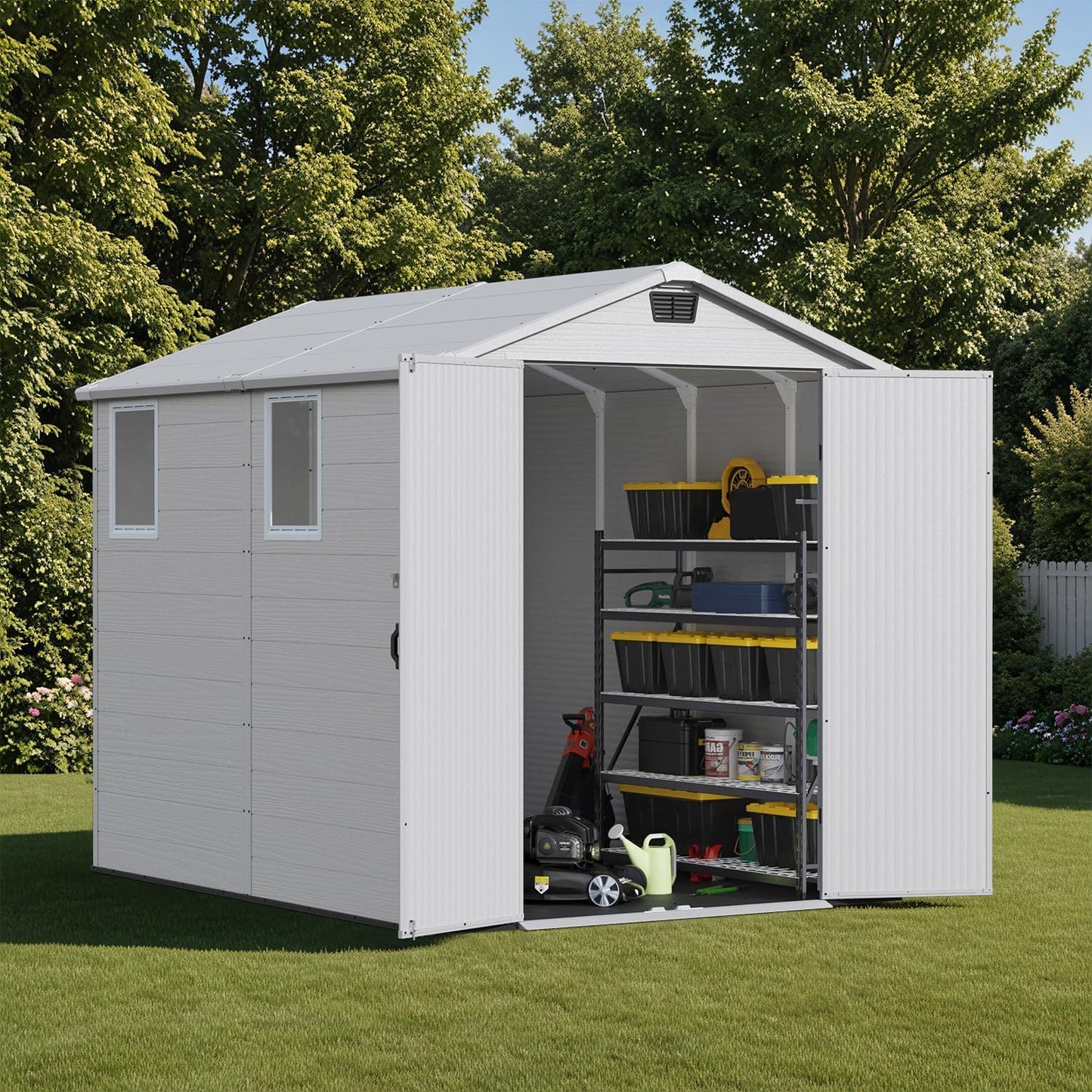 Patiowell 6x8 FT Outdoor Storage Shed with Floor - Resin Tool Shed with Lockable Door & 2 Windows, Easy Assembly for Garden, Backyard, Lawn Equipment, Light Gray