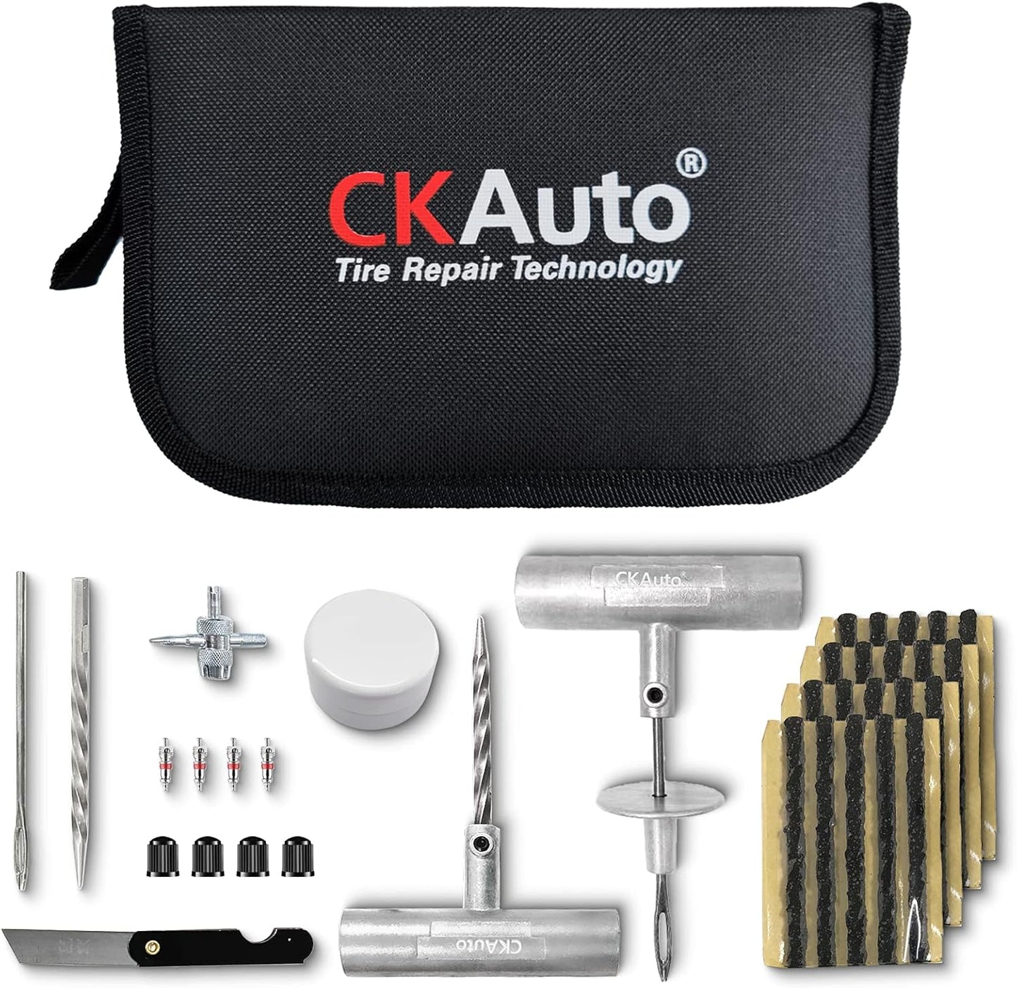 CKAuto Universal Tire Repair Kit, Heavy Duty Car Emergency Tool Kit for Flat Tire Puncture Repair, 36 Pcs Value Pack, Tire Plug Kit fit for Autos, Cars, Motorcycles, Trucks, RVs, etc.
