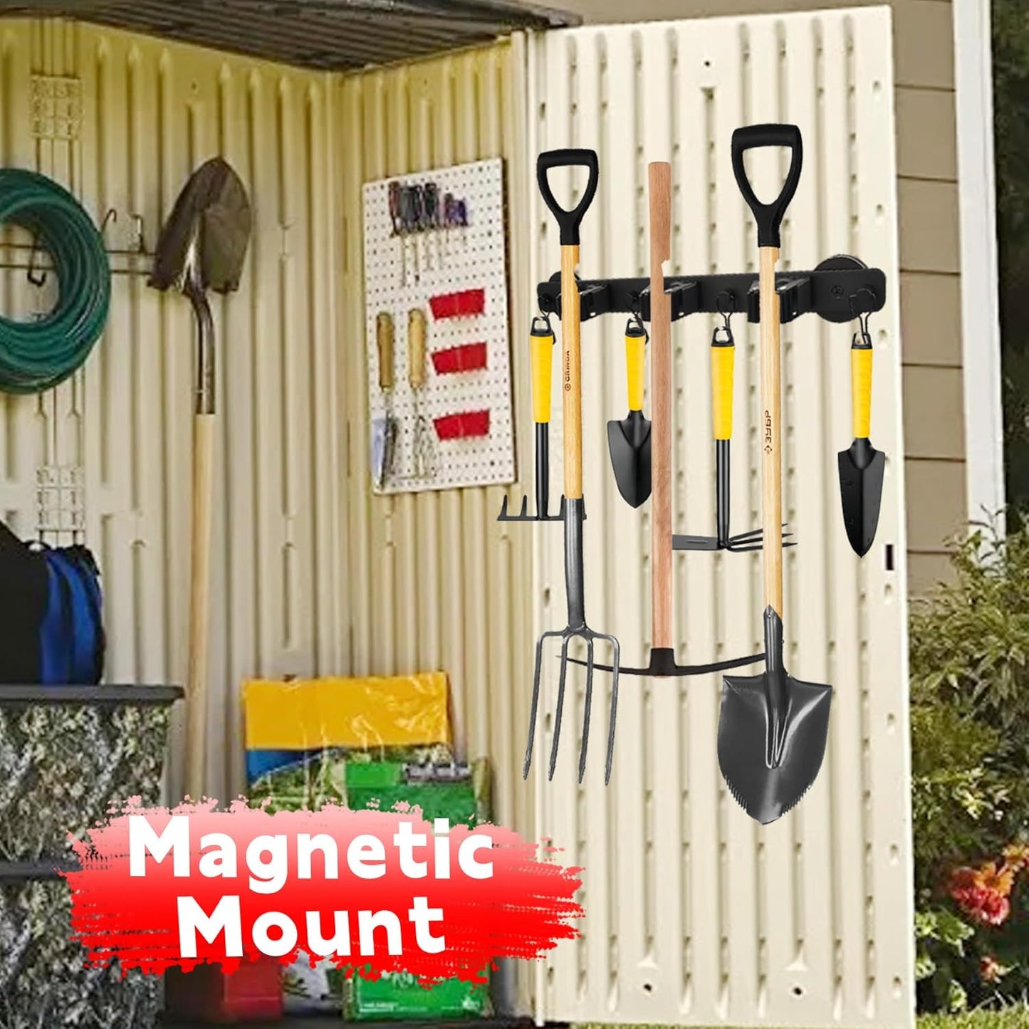 Magnetic Mop Broom Holder,Heavy Duty Movable Magnetic Wall Mount Tool Racks,No Drilling Utility Storage Shovel Hanger for Garage,Closet,Garden,Kitchen,Laundry (4 Hooks 3 Grippers,Black)