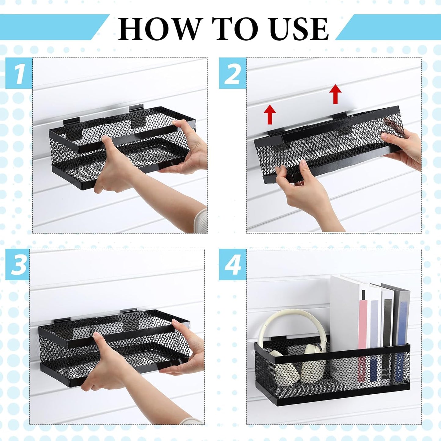 Coume 4 Pcs Black Slatwall Baskets 4 Size Metal Mesh Wire Basket for Slatwall Panels Ventilated Wall Mounted Hanging Accessories for Home Garage Retail Store Display Organizing (Big Size)