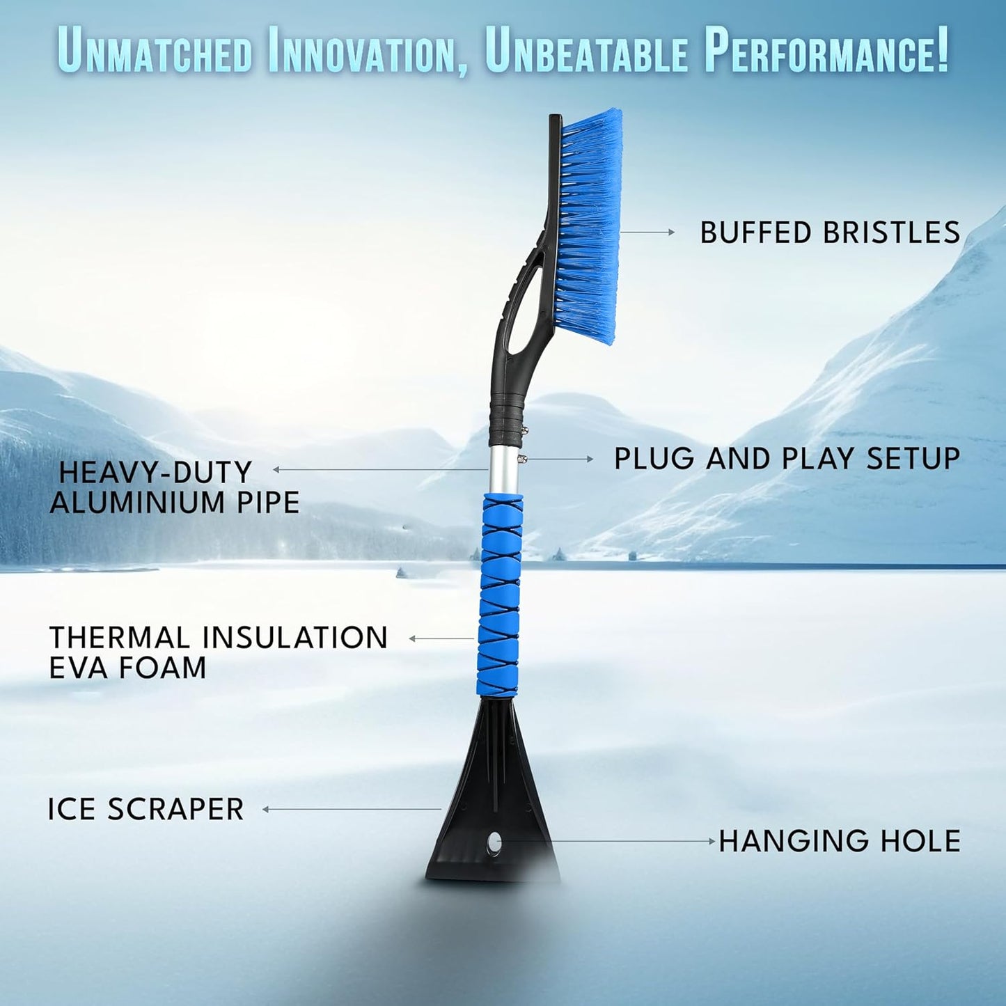 EcoNour 27" Aluminum Car Snow Scraper and Brush | Weaved Bristle Head with Metal Body Ice Scraper for Car Windshield | Tough Show Shovel with Ergonomic Foam Grip Winter Accessory