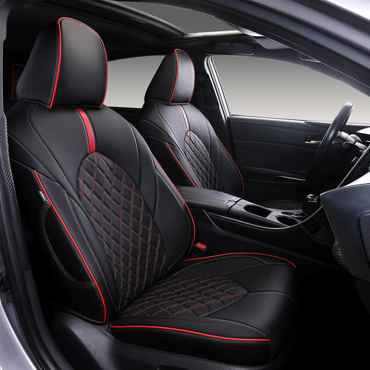 Custom Fit Camry Seat Covers for Toyota Camry Hybrid LE, Hybrid SE 2018-2024 Full Coverage Waterproof Breathable Leather Car Seat Covers Full Set (Black with Red Trim)