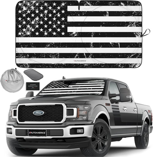 Autoamerics Truck Windshield Sun Shade with Storage Pouch & Anti-Slip Dash Pad - Foldable Grunge B&W USA Flag Design - Fits Most SUVs & Trucks - Reflective 230T Material | X-Large (66 x 36 inches)