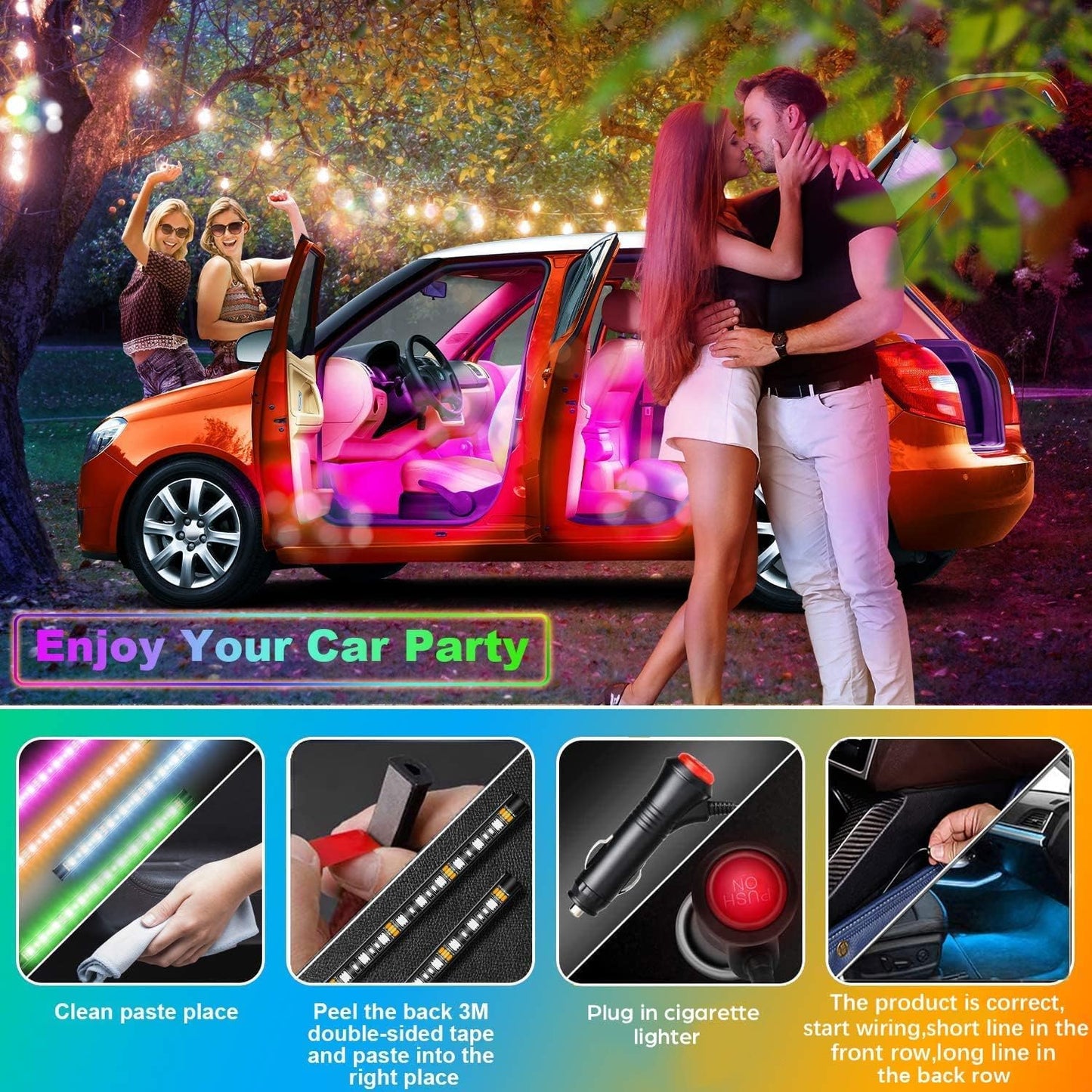 Car LED Strip Light, EJ's SUPER CAR 4pcs 36 LED Multi-Color Car Interior Lights Under Dash Lighting Waterproof Kit with Multi-Mode Change and Wireless Remote Control, Car Charger Included,DC 12V