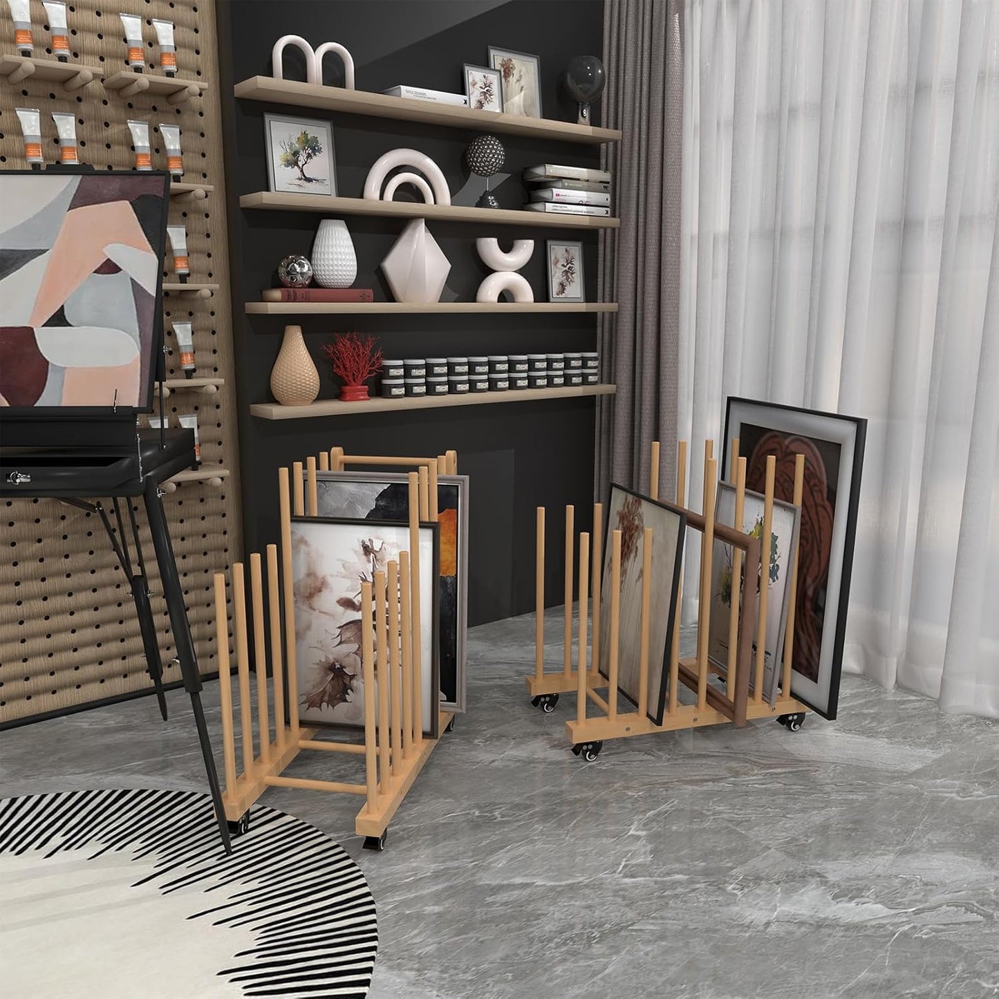 Art Storage Rack with Handle&Caster Wheels,Wooden Art Canvas Storage Stand,Art Drying Rack, Canvas Boards Rack for Drawing Board ,Art Studios,Panel,Artworks,Gallery