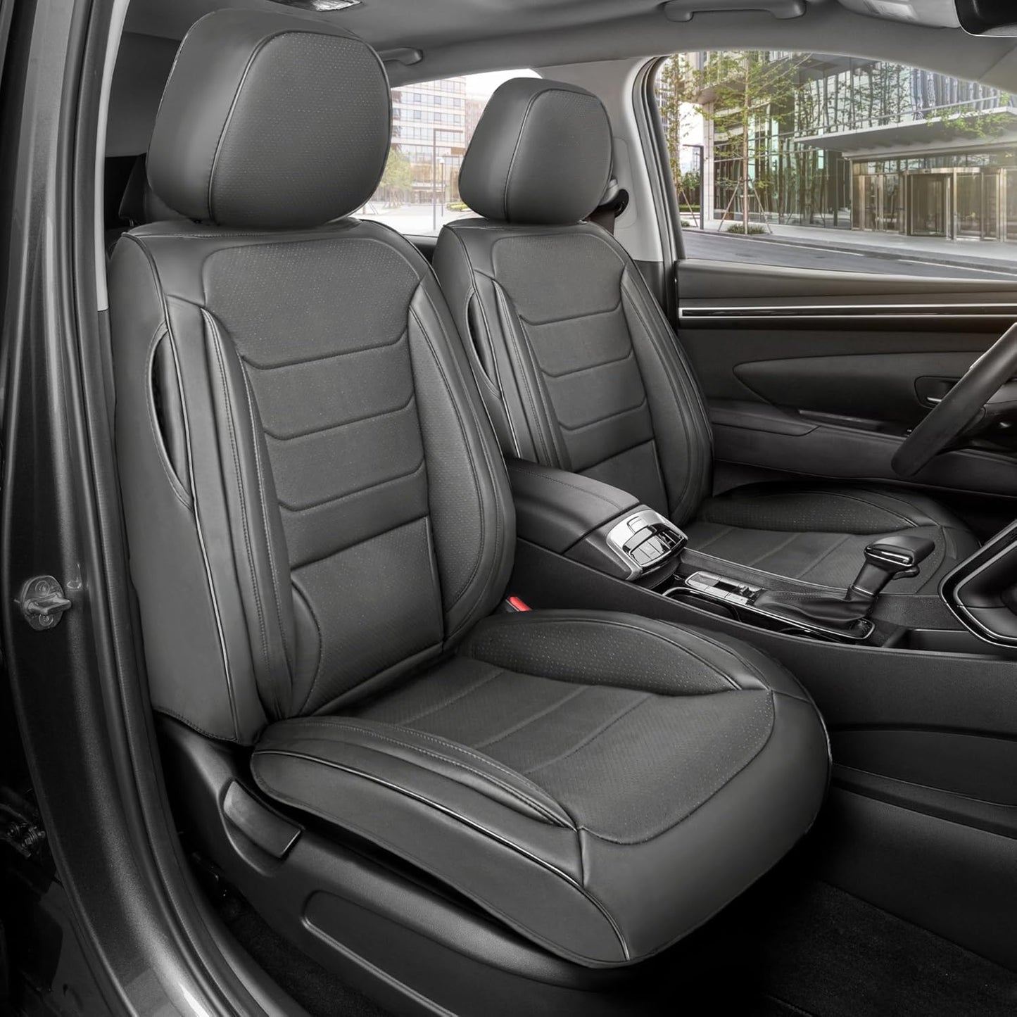 Elite Edition Faux Leather Seat Covers for Cars, Trucks, & SUV - 2 Gray Car Seat Covers for Front Seats - Universal Fit Car Accessories Automotive Interior Cover Protector for Most Vehicles