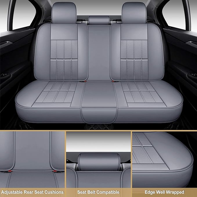 AOOG Leather Car Seat Covers, Leatherette Automotive Vehicle Cover for Cars SUV Pick-up Truck, Universal Non-Slip Vehicle Cover Waterproof Interior Accessories, Full Set, Gray