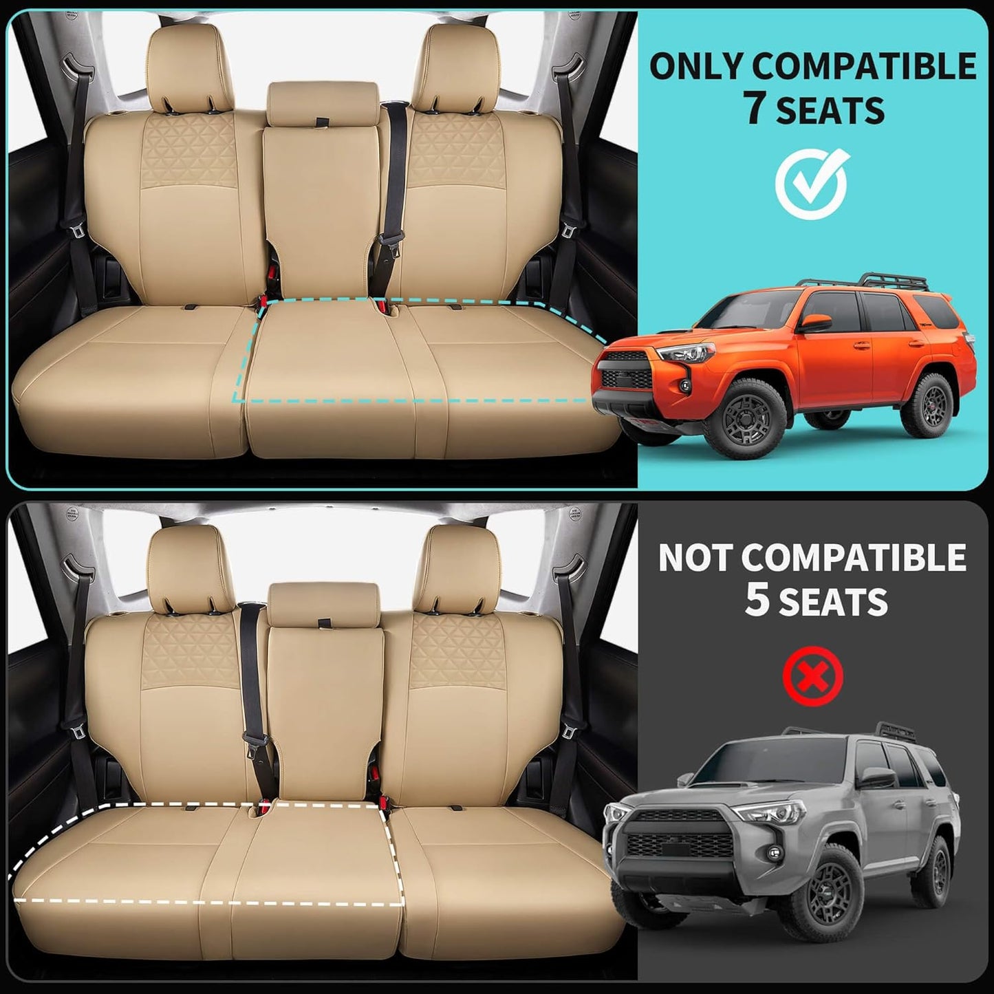 Seat Covers for Toyota 4Runner 2011-2024, Faux Leather Car Seat Cover Full Set, 3-Row-Only for 7 Seats Version-Beige