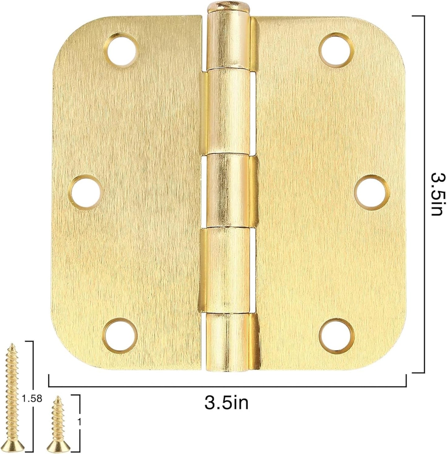 6 Pack Rounded Door Hinges 3.5 inch X 3-1/2" 5/8 Radius, Brushed Brass 3 ½ Inch Satin Gold Interior Standard Hinge for Bedroom Wood/French Style Clear Glass Doors Easy Install Hardware Accessories