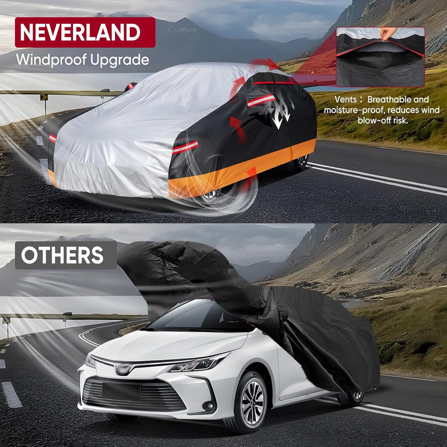 NEVERLAND Car Cover - Car Cover Waterproof All Weather Snowproof UV Protection Windproof Full Car Covers with Side Door Zipper,Reflective Strips,Storage Bag Full Exterior Covers for Sedan L(177"-183")