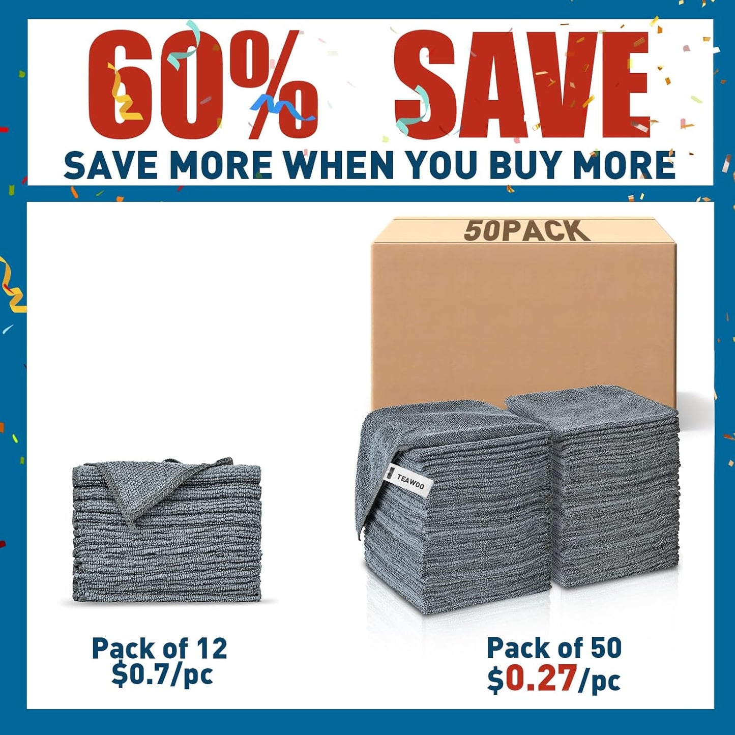 Microfiber Cleaning Cloths Bulk Pack-50 Pack, Microfiber Towels Bulk, Towels for Cars, Cleaning Rags Gray (12x12 inches)