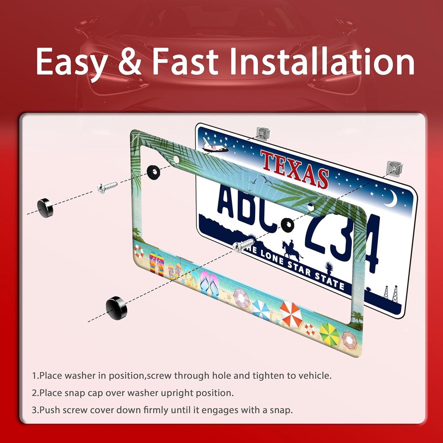 Beach Flip Flops License Plate Frame Funny Seaside License Plate Frames Stainless Steel Accessories Cars Decor with 2 Holes and Screws Fits Standard Us Ca Vehicles License Plate Holder 12.2 X 6 Inch