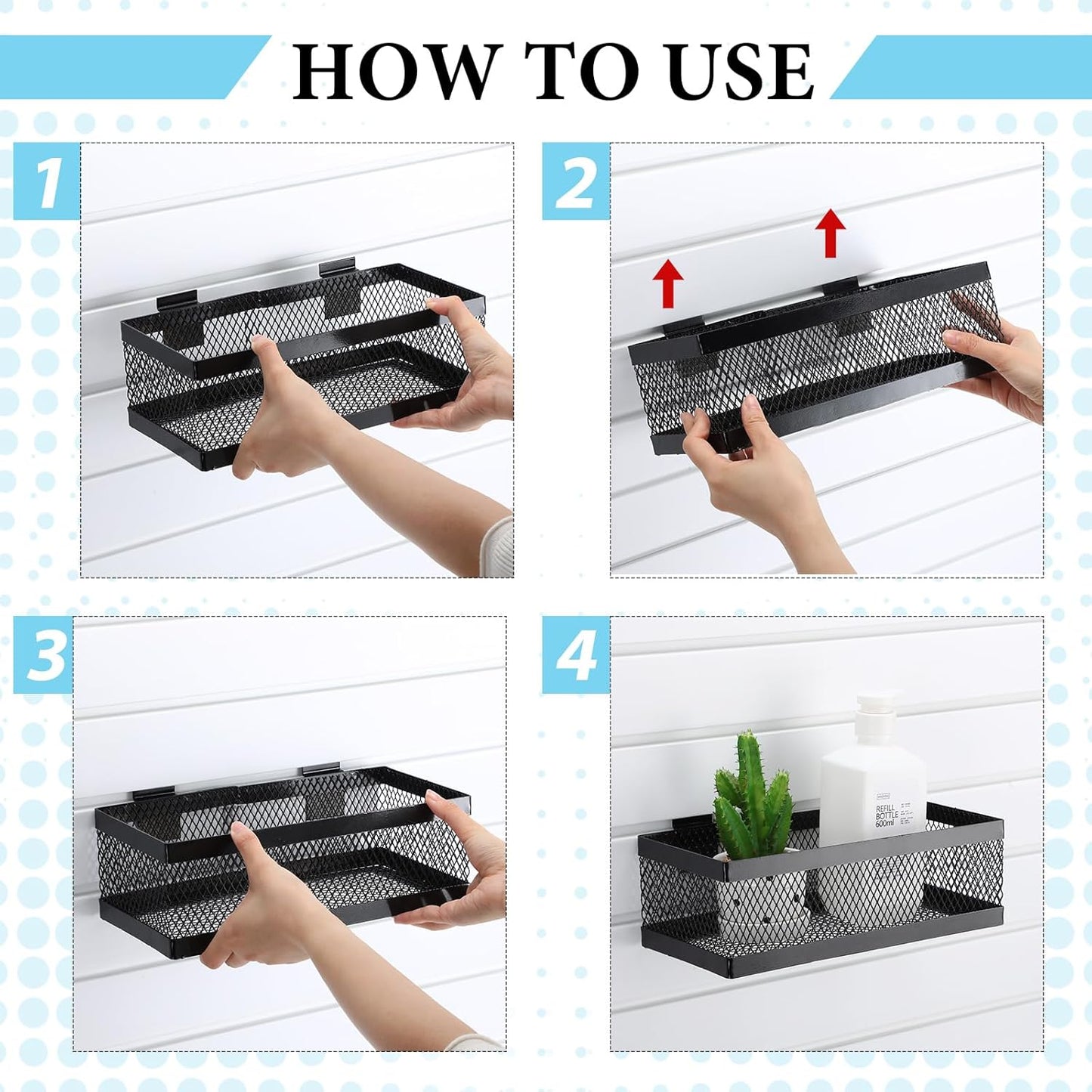 Coume 4 Pcs Black Slatwall Baskets 4 Size Metal Mesh Wire Basket for Slatwall Panels Ventilated Wall Mounted Hanging Accessories for Home Garage Retail Store Display Organizing(13.5 x 7.5 x 4.5 Inch)