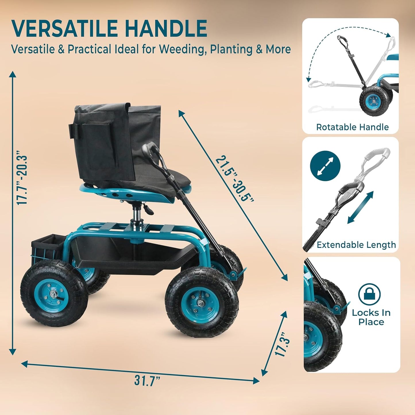 Garden Seat with Wheels – Adjustable 360° Swivel Gardening Stool with Hydraulic Height Adjustment, Ergonomic Backrest, and Tool Storage – Rolling Stool for Garden, Yard, and Outdoor Use